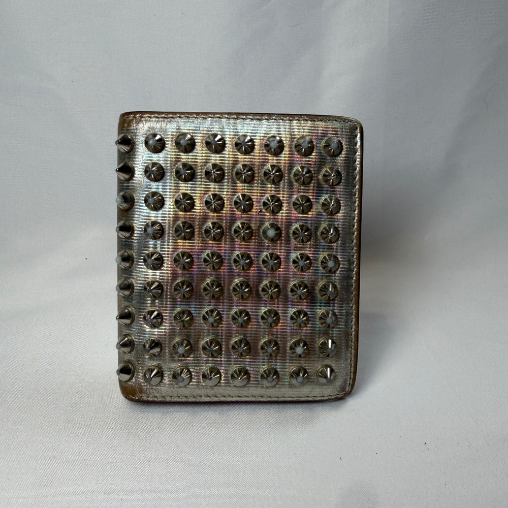 Christian Louboutin Paros Spiked Bifold Wallet Silver Metallic Red Leather